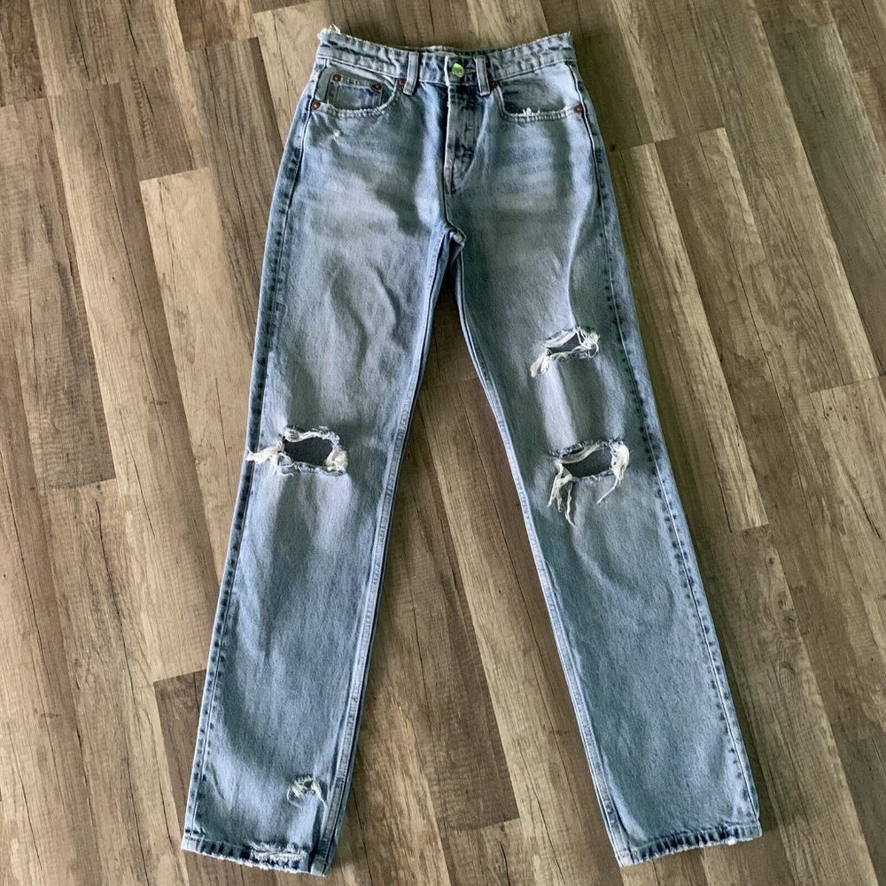 Zara Jeans Women's Sz 2 Straight Leg Button Fly Blue Distressed High Rise Cotton